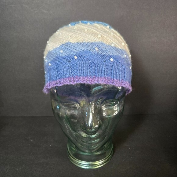 Handmade Knit Hat Blue Purple Faux Pearl Swirl Design Warm Winter Cap Wool Blend - Picture 2 of 7